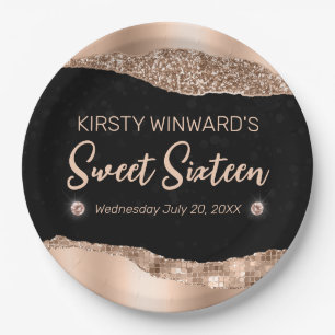 Rose Gold Glitter Glam Edge & Diamonds Sweet 16  Paper Plate