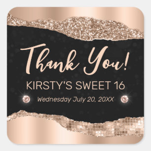 Rose Gold Glitter Glam Edge & Diamonds Sweet 16 Square Sticker