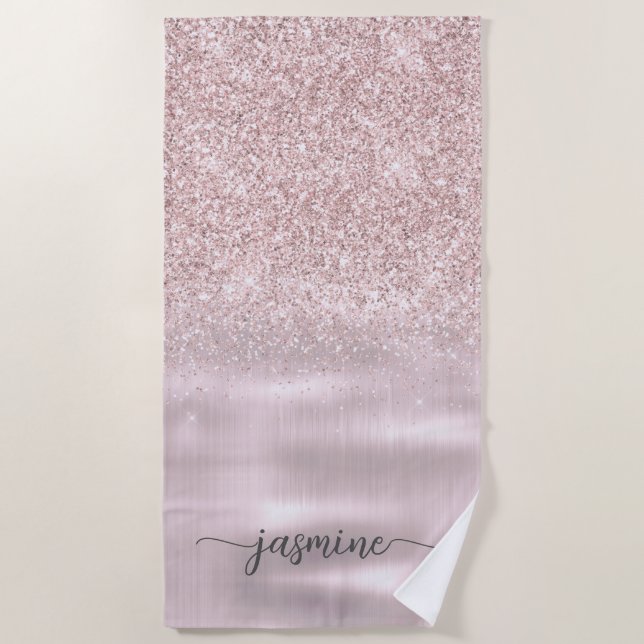 Rose Gold Glitter Glam Monogram Name Girly Script Beach Towel (Front)