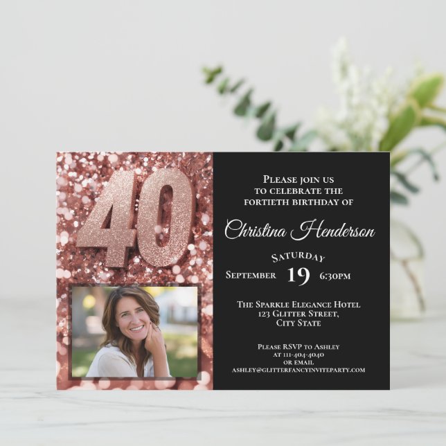 Rose Gold Glitter Glam Photo 40th Birthday Party Invitation (Standing Front)
