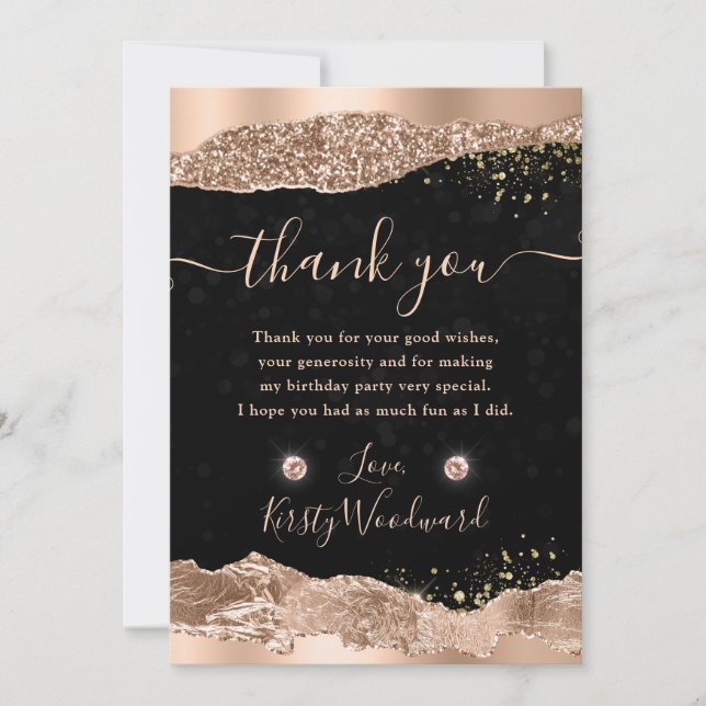 Rose Gold Glitter Glam Tears Edges Birthday Thank You Card (Front)