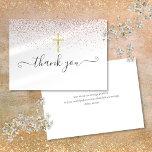 Rose Gold Glitter Gold Crucifix Script Thank You Card<br><div class="desc">Elegant modern script thank you card featuring a gold crucifix and rose gold glitter. Perfect for all Christian celebrations, including baptisms, confirmations, and first holy communions. You can personalize with your own thank you message on the reverse, or if you would prefer to add your handwritten message, delete the text....</div>