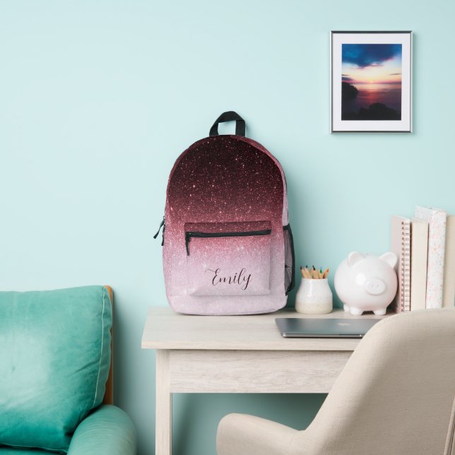 Rose gold glitter gradient personalized printed backpack (Insitu)