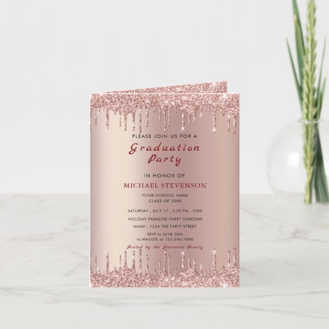 Rose Gold Glitter Graduation Invitation Example (Front)