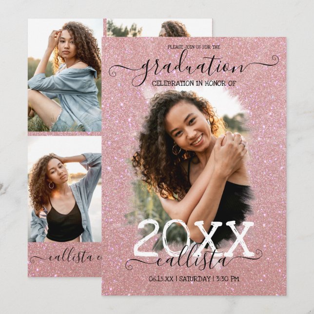 Rose Gold Glitter Halo Photo Collage Graduation Invitation (Front/Back)