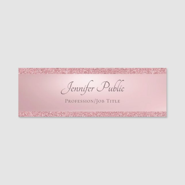 Rose Gold Glitter Handwritten Modern Template Name Tag (Front)