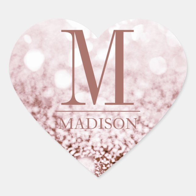 Rose Gold Glitter Heart Name Initial Monogram Heart Sticker (Front)