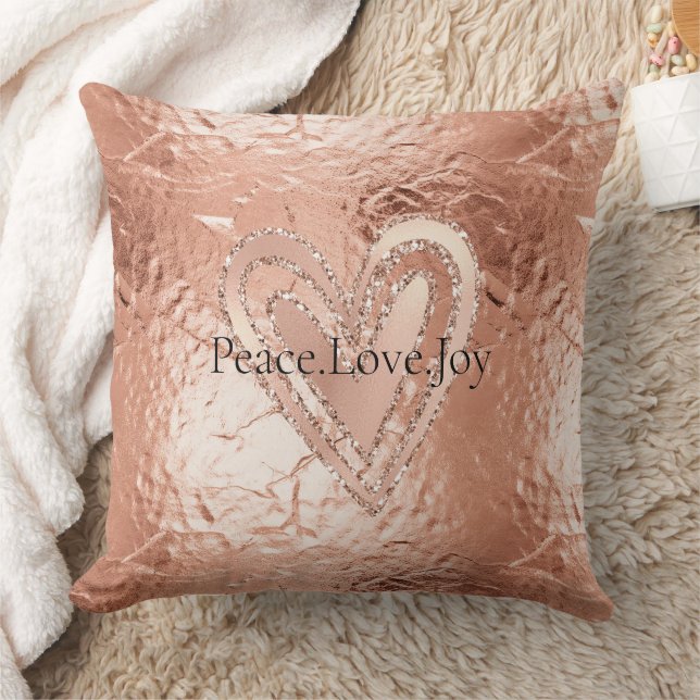 Rose Gold Glitter Heart Peace Love Joy Quote Throw Pillow (Blanket)
