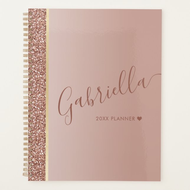 Rose Gold Glitter Heart Personalized 2025 Planner (Front)