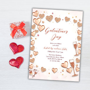 Rose Gold Glitter Hearts & Champagne Galentines Invitation