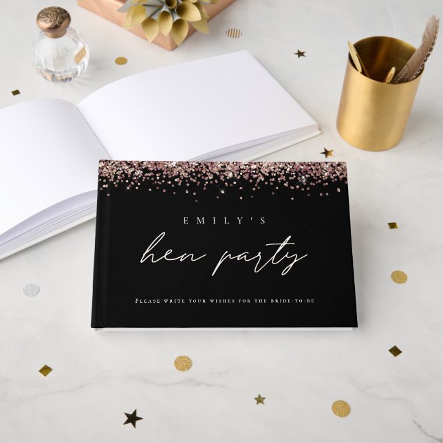 Rose Gold Glitter Hen Party Black Guest Book (Front Open)