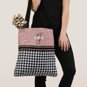 Rose Gold Glitter Houndstooth monogram name Tote Bag