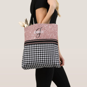 Rose Gold Glitter Houndstooth name monogram Tote Bag