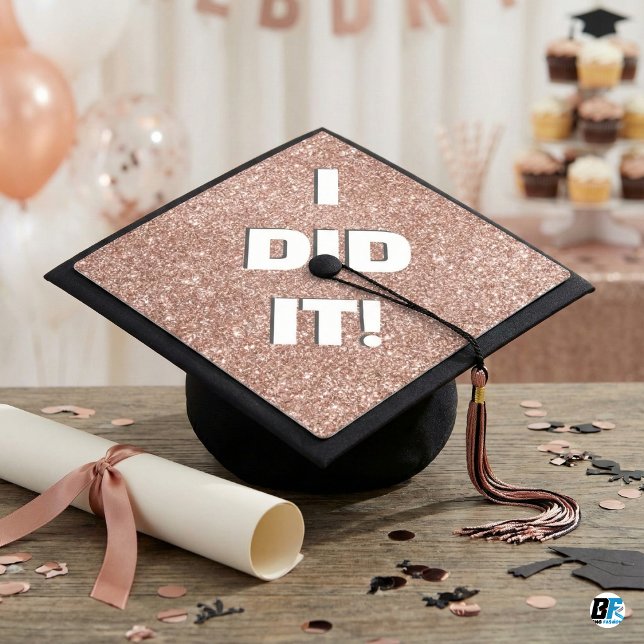 Rose Gold Glitter I Did It Typography Graduation Cap Topper (Creator Uploaded)