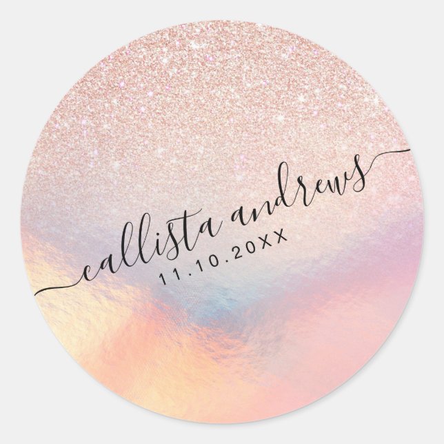 Rose Gold Glitter Iridescent Holographic Gradient Classic Round Sticker (Front)