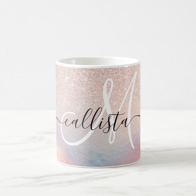 Rose Gold Glitter Iridescent Holographic Gradient Coffee Mug (Center)