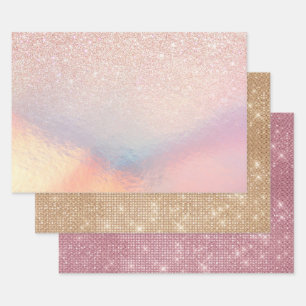 Rose Gold Glitter Iridescent Holographic Gradient Wrapping Paper Sheet