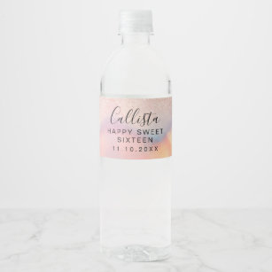 Rose Gold Glitter Iridescent Holographic Sweet 16 Water Bottle Label