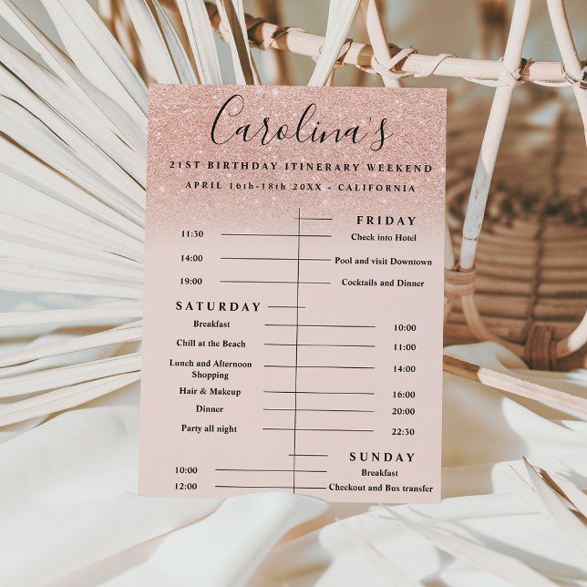 rose gold glitter itinerary 21st birthday weekend invitation (Creator Uploaded)
