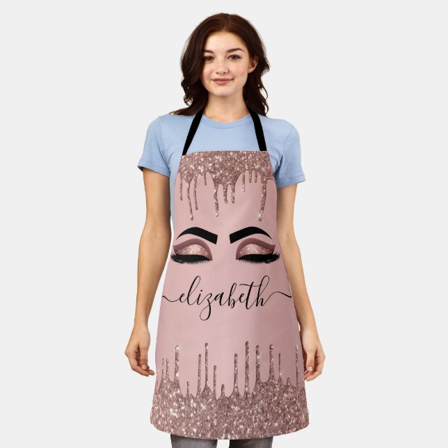Rose Gold Glitter Lash Brow Beauty Monogrammed Apron (Worn)