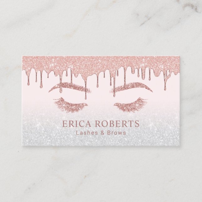 Rose Gold Glitter Lashes & Brows Makeup Artist Business Card (Front)
