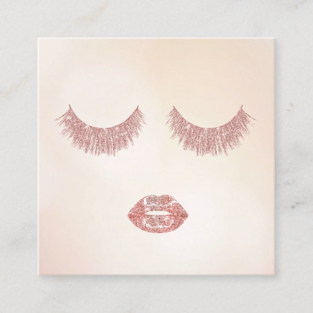 Rose Gold Glitter Lashes & Lips Makeup Artist Square Business Card (Front)