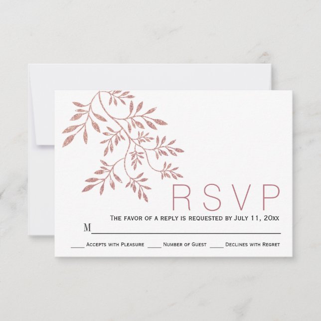 Rose gold glitter leaves modern wedding RSVP (Front)