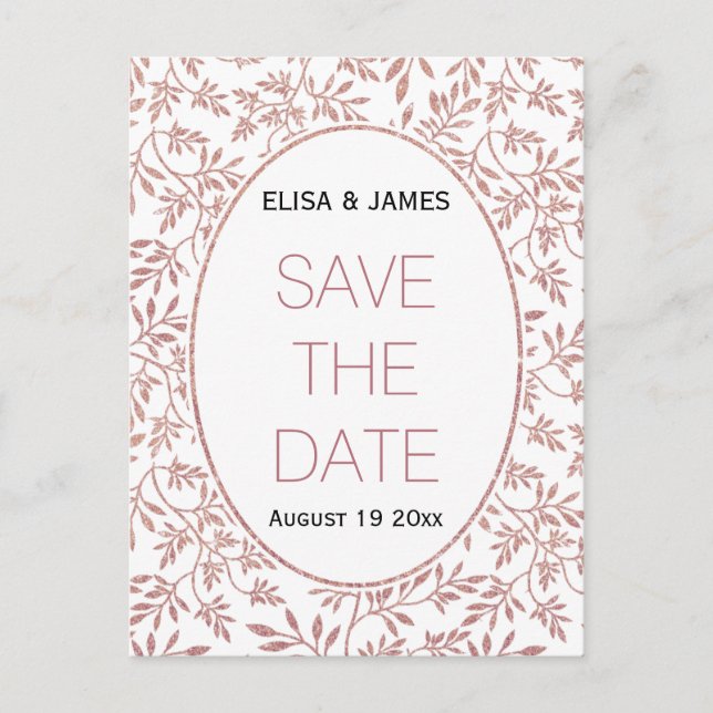 Rose gold glitter leaves wedding Save the Date Announcement Postcard (Front)