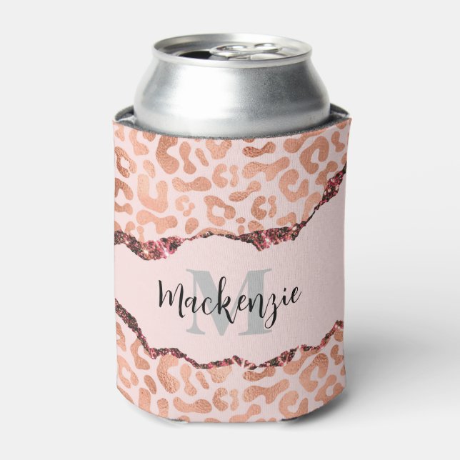 Rose Gold Glitter Leopard Print Can Cooler (Can Front)
