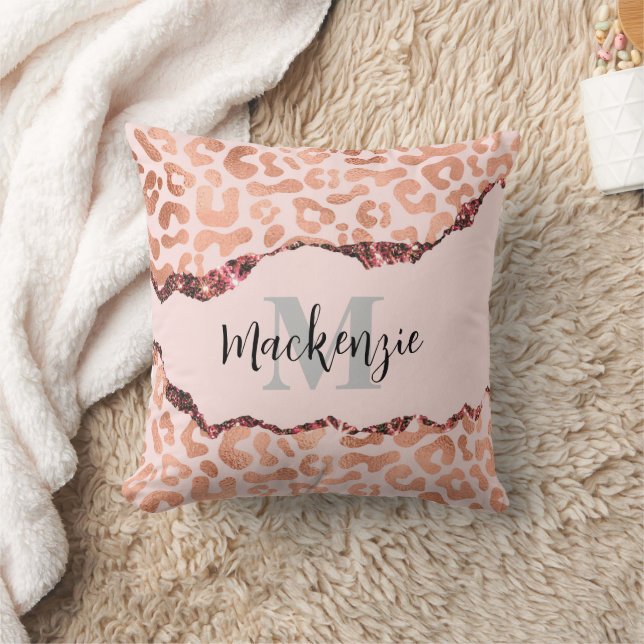 Rose Gold Glitter Leopard Print Throw Pillow (Blanket)