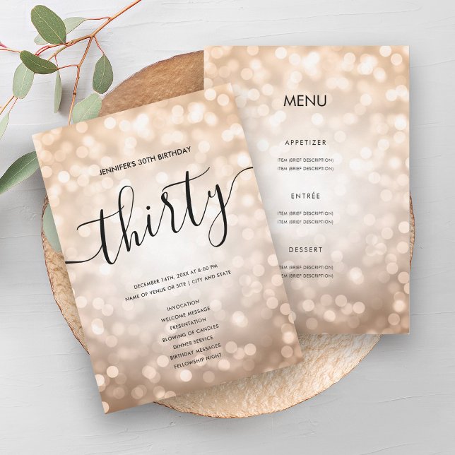 Rose Gold Glitter Lights 30 Birthday Menu Program (Rose Gold Glitter Lights 30 Birthday Menu Program)