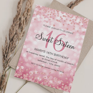 Rose Gold Glitter & Lights Sweet 16 Birthday Invitation