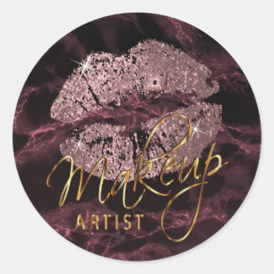 Rose Gold Glitter Lips On Rose Marble Classic Round Sticker