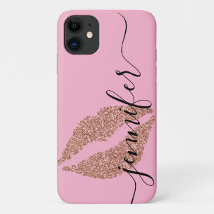 Rose Gold Glitter Lips, Personalized Pink iPhone 11 Case