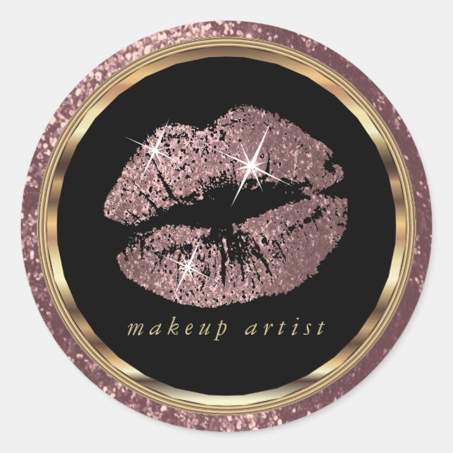 Rose Gold Glitter Lips with Gold Font Classic Round Sticker (Front)