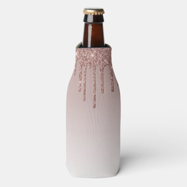 Rose Gold Glitter Liquid Drips Bottle Cooler (Bottle Front)