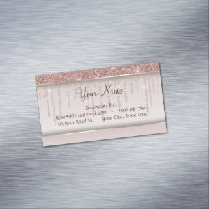 Rose Gold Glitter Liquid Drips Magnetic Business Card