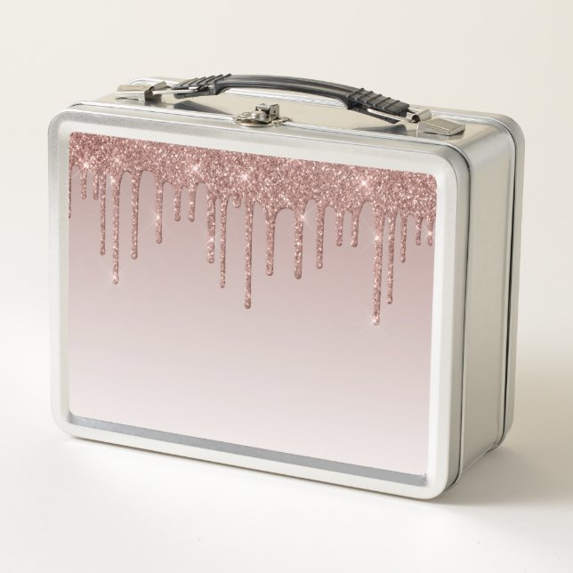 Rose Gold Glitter Liquid Drips Metal Lunch Box (Front)