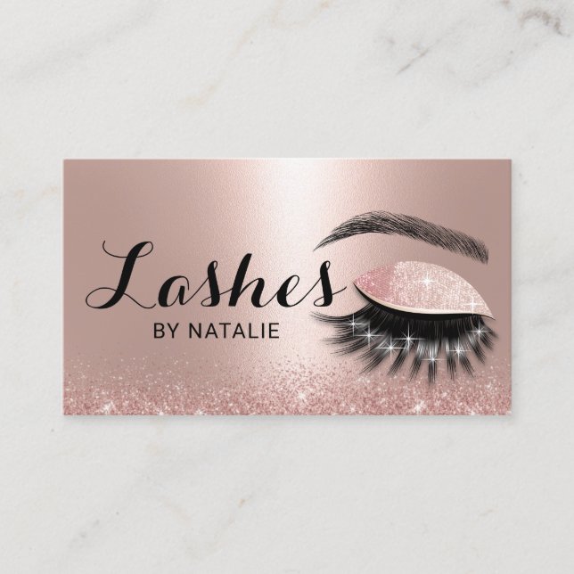 Rose Gold Glitter Long Eyelash Makeup Artist Business Card (Front)