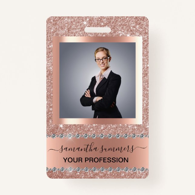 Rose Gold Glitter Look Bling Diamond Business Badge (Front)