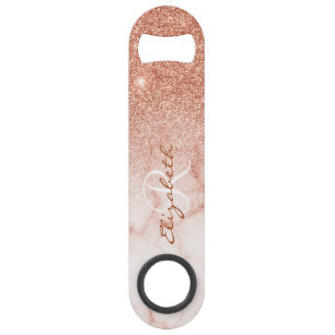 Rose Gold Glitter Look Marble Ombre Monogram  Bar Key