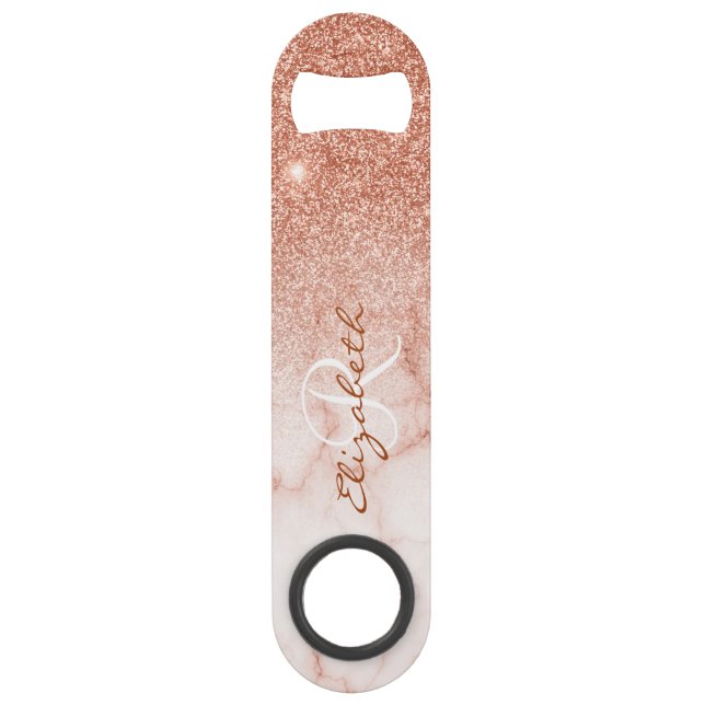 Rose Gold Glitter Look Marble Ombre Monogram  Bar Key (Front)