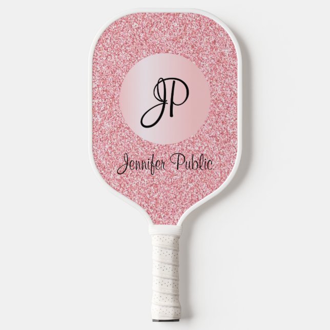 Rose Gold Glitter Look Monogram Elegant Template Pickleball Paddle (Front)