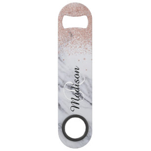 Rose Gold Glitter Look Monogram Marble Bottle Bar Key