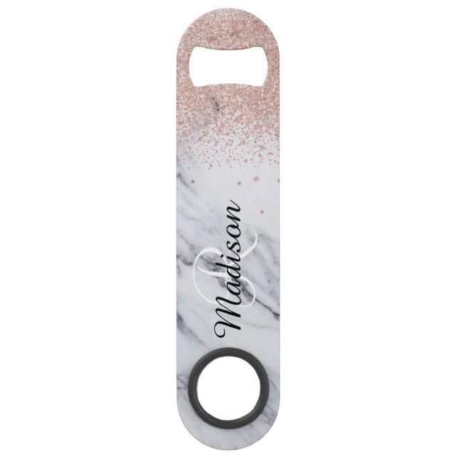 Rose Gold Glitter Look Monogram Marble Bottle Bar Key (Front)