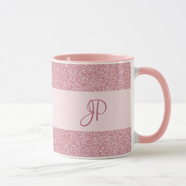 Rose Gold Glitter Look Template Monogram Trendy Mug (Right)