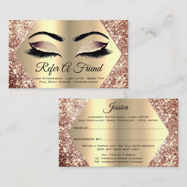 Rose Gold Glitter Makeup Artist Lash Refer Friend Business Card (Front/Back)