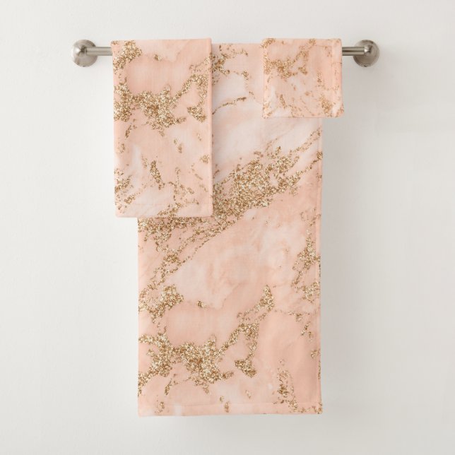 Rose gold glitter marble abstract bath towel set (Insitu)