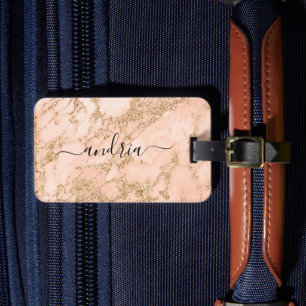 Rose Gold Glitter Marble, Black Script Name Luggage Tag