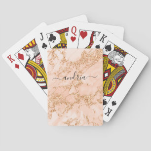 Rose Gold Glitter Marble, Black Script Name Playing Cards